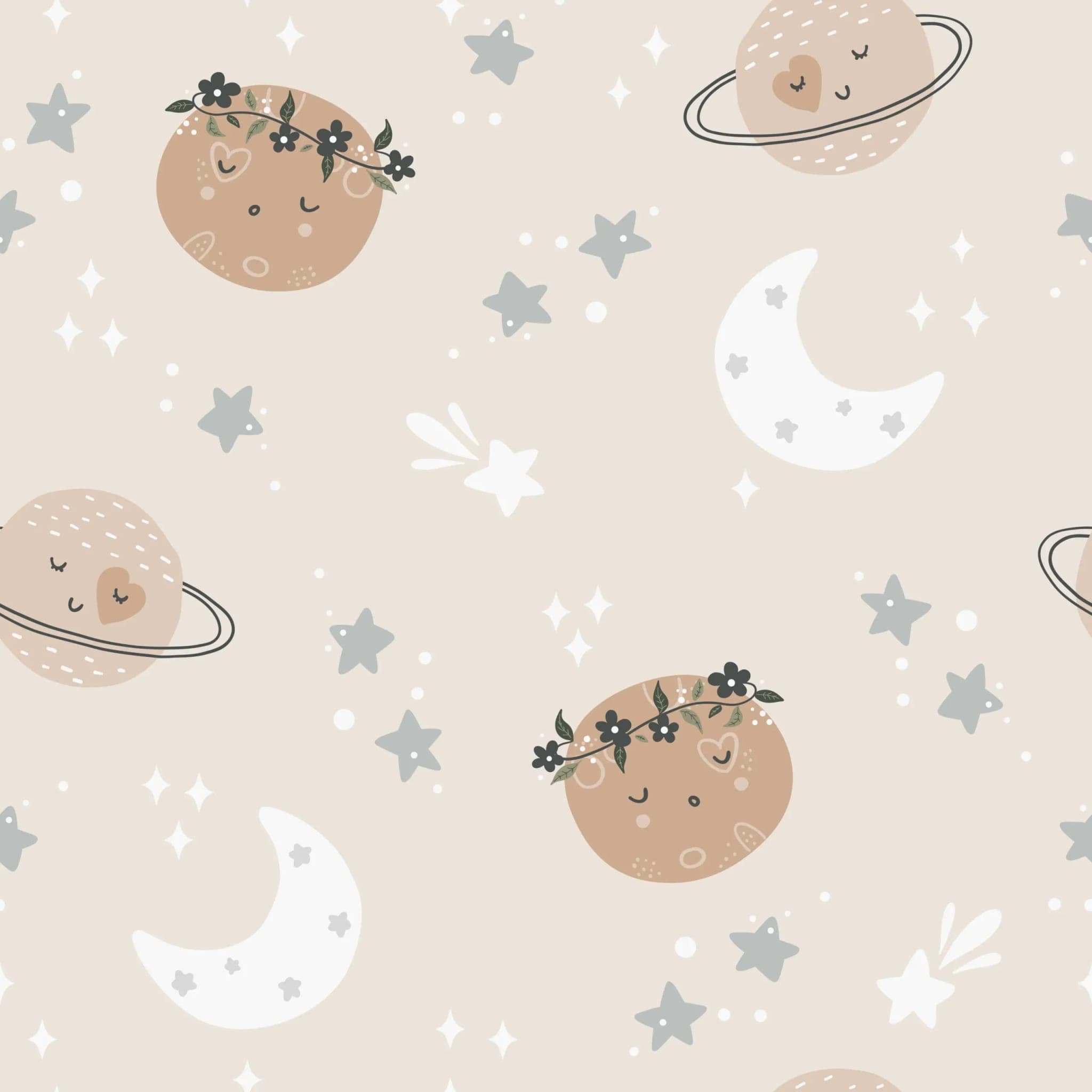 Behang met Planeten en Maantjes in Zachte Beige Pasteltinten