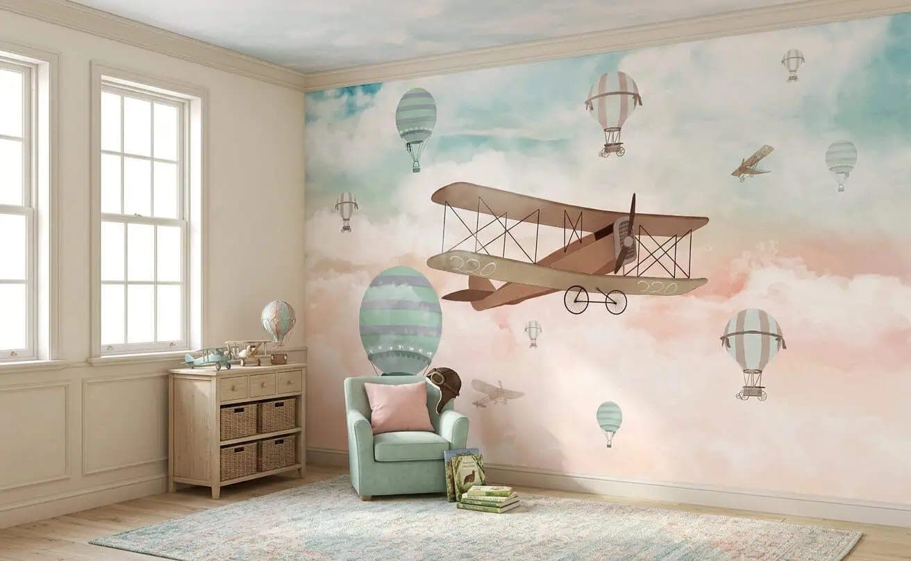 kinderkamer vintage vliegtuig en luchtballonnen pastel behang op maat