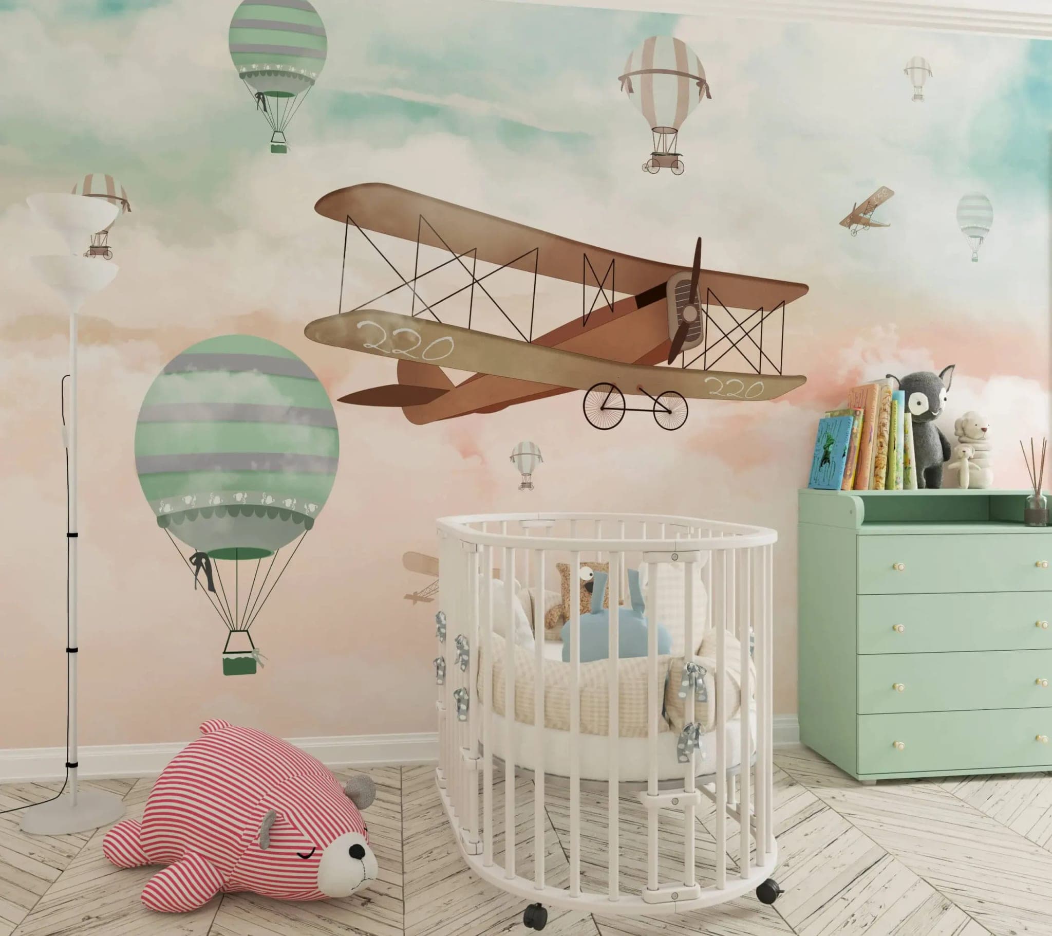 naadloos kinderkamer vintage vliegtuig en luchtballonnen pastel behang op maat