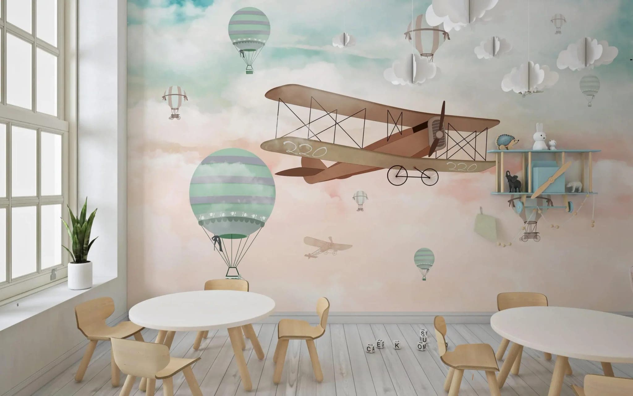 kinderkamer vintage vliegtuig en luchtballonnen pastel behang — naadloos op maat geprint