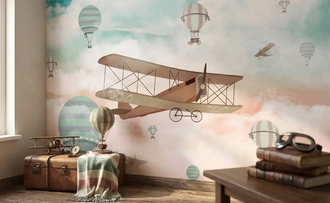 kinderkamer vintage vliegtuig en luchtballonnen pastel behang