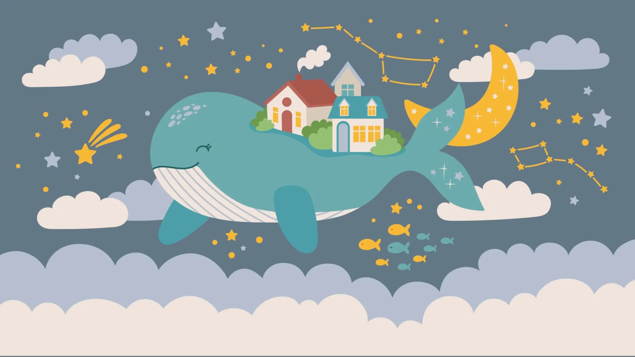 Fotobehang Droomwalvis met Huisjes en Sterrenhemel in Blauw