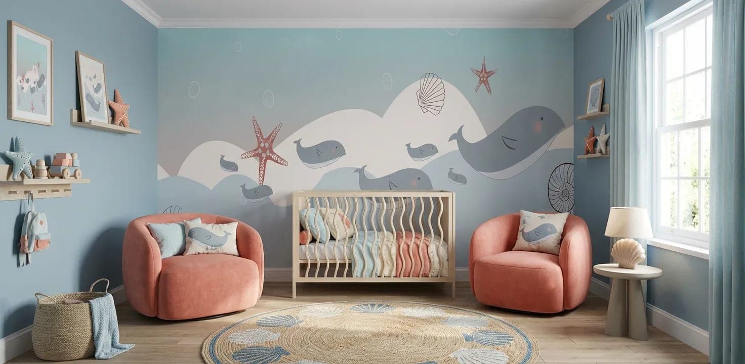 naadloos walvissen en zee sterren op pastelblauwe zee behang op maat