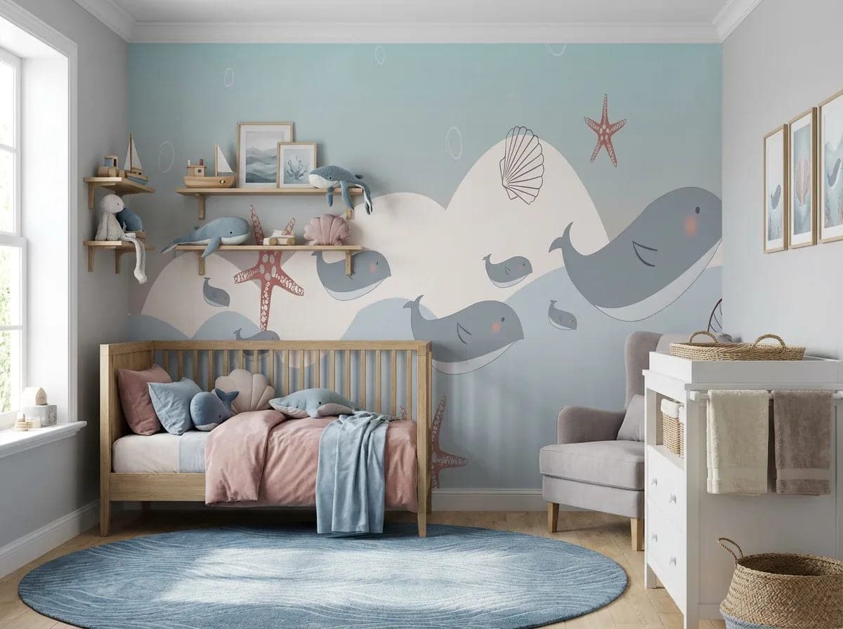 walvissen en zee sterren op pastelblauwe zee behang — naadloos op maat geprint
