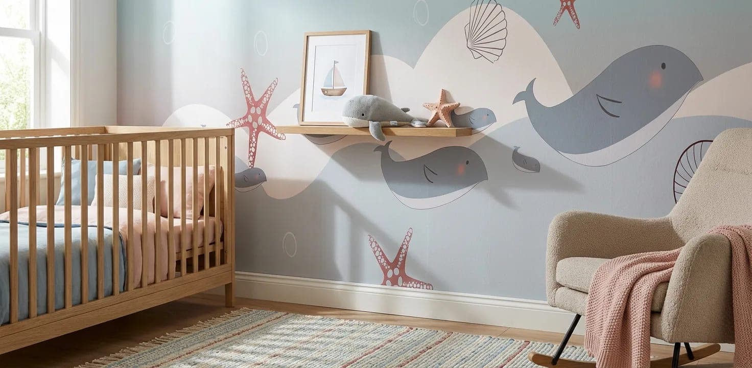walvissen en zee sterren op pastelblauwe zee behang