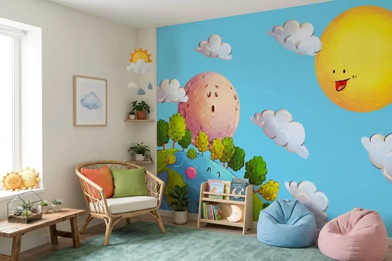 kinderkamer zon, maan en aarde vrolijke illustratie behang op maat in blauw