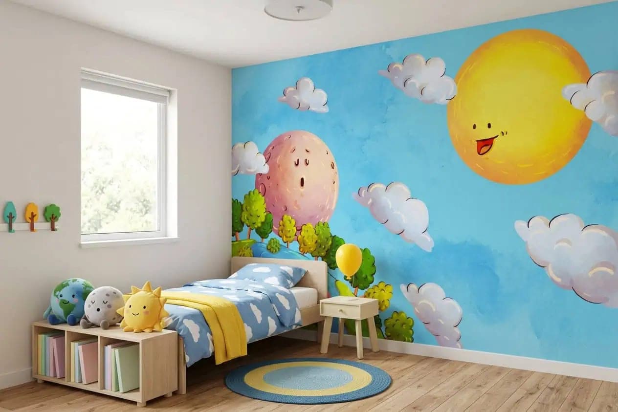 naadloos kinderkamer zon, maan en aarde vrolijke illustratie behang op maat