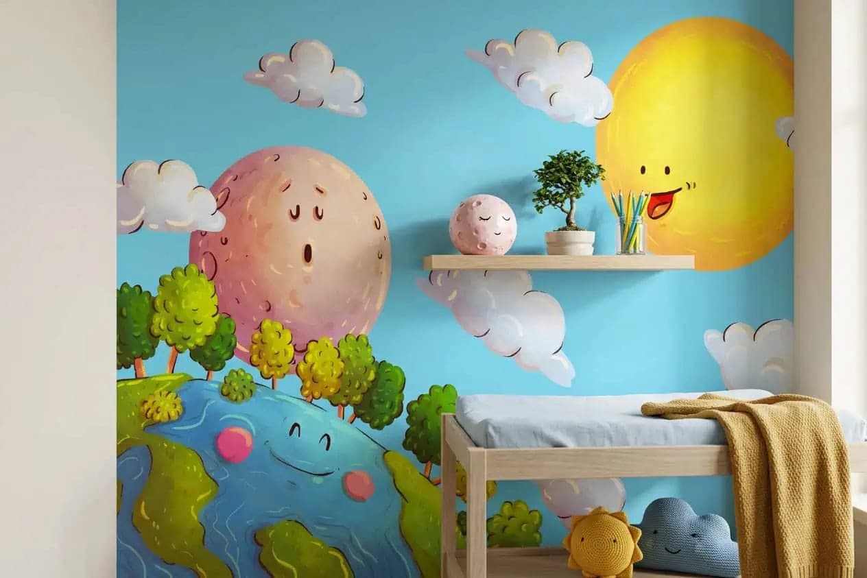 kinderkamer zon, maan en aarde vrolijke illustratie behang in blauw — naadloos op maat geprint