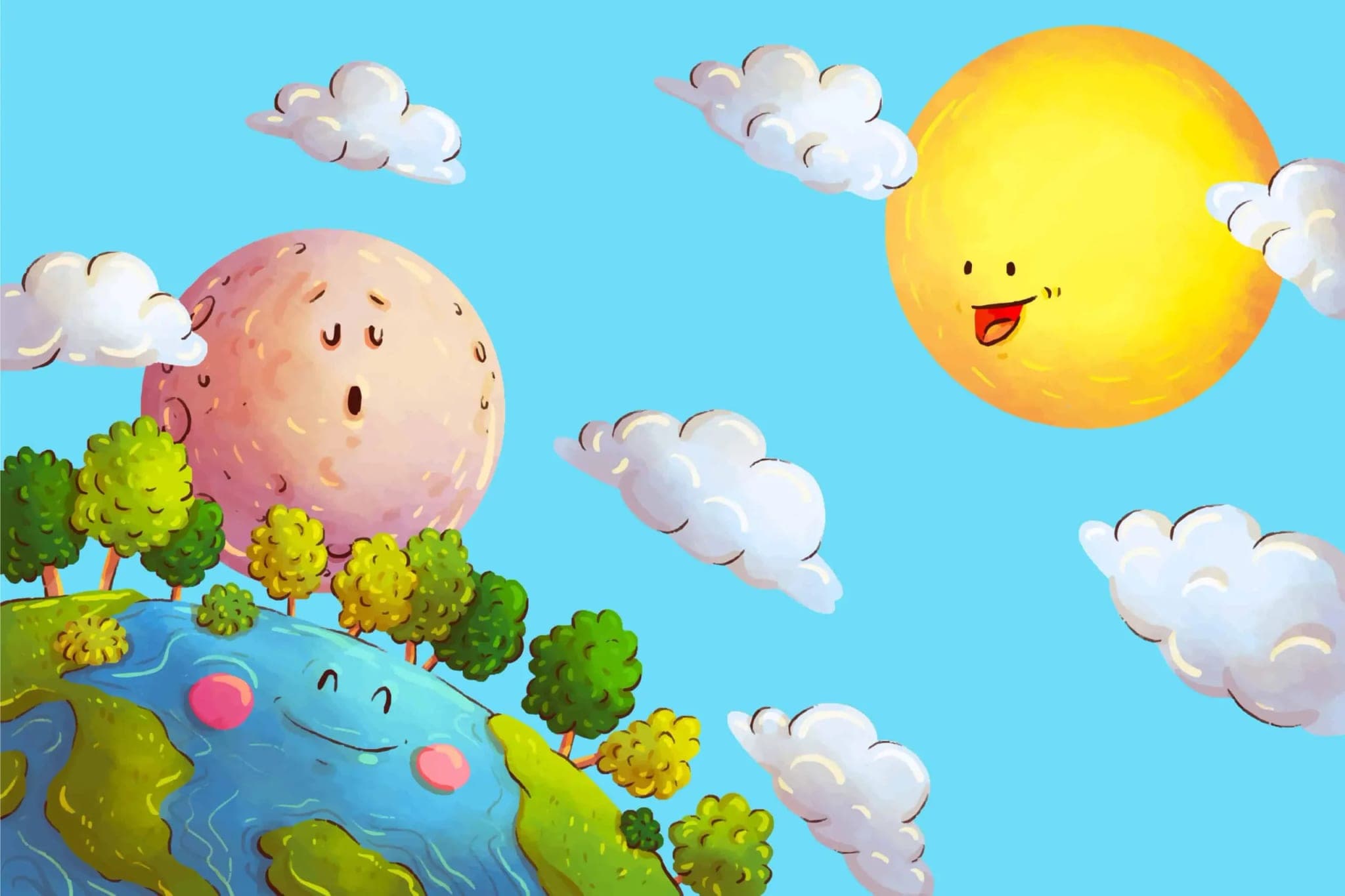 Fotobehang Kinderkamer met Zon, Maan en Aarde in Vrolijke Illustratie
