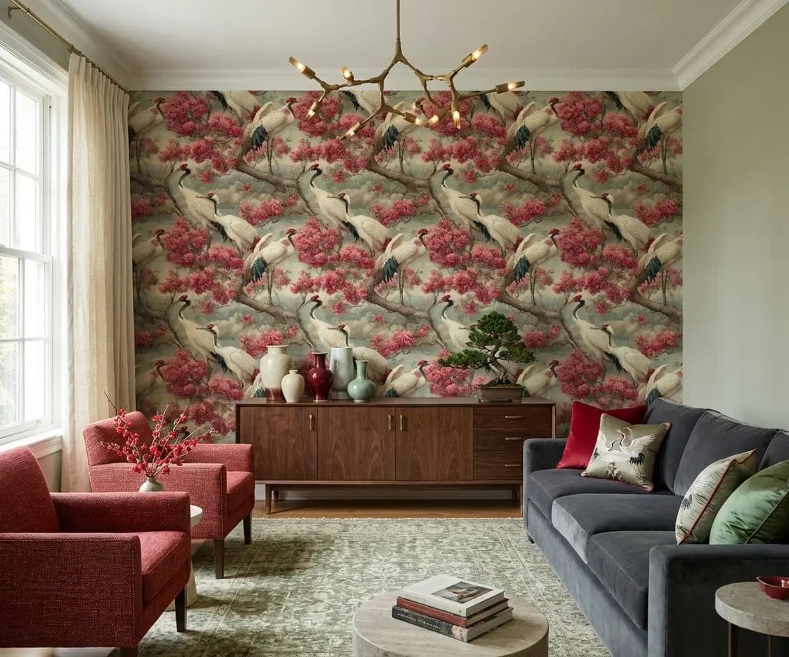 witte kraanvogels en oudroze bloesems op vintage achtergrond behang op maat