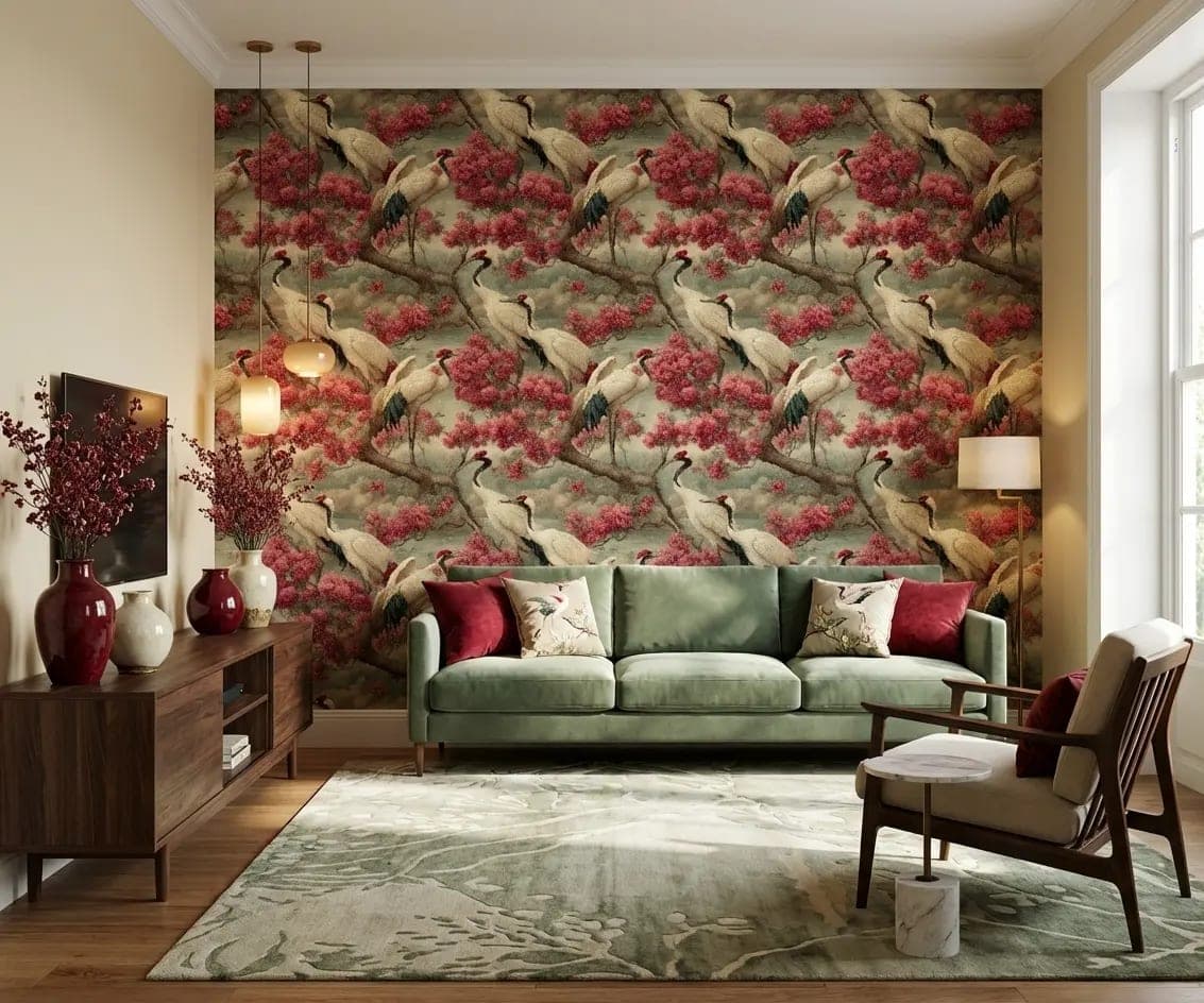 naadloos witte kraanvogels en oudroze bloesems op vintage achtergrond behang op maat