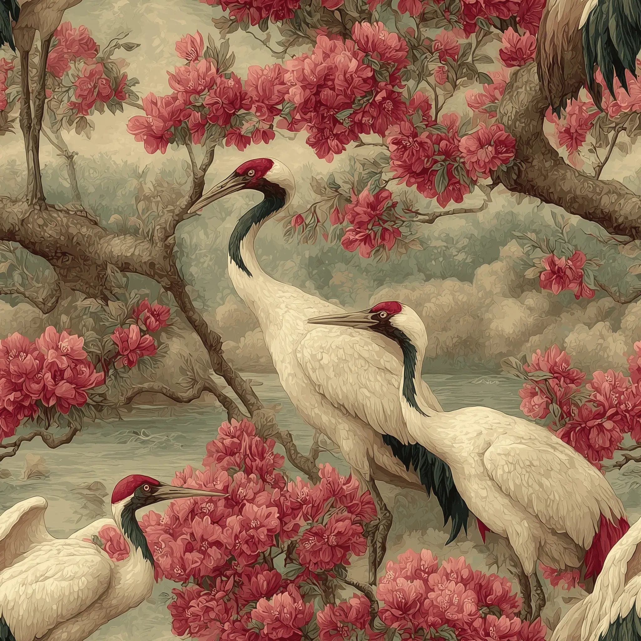 Behang met Witte Kraanvogels en Oudroze Bloesems op Vintage Achtergrond