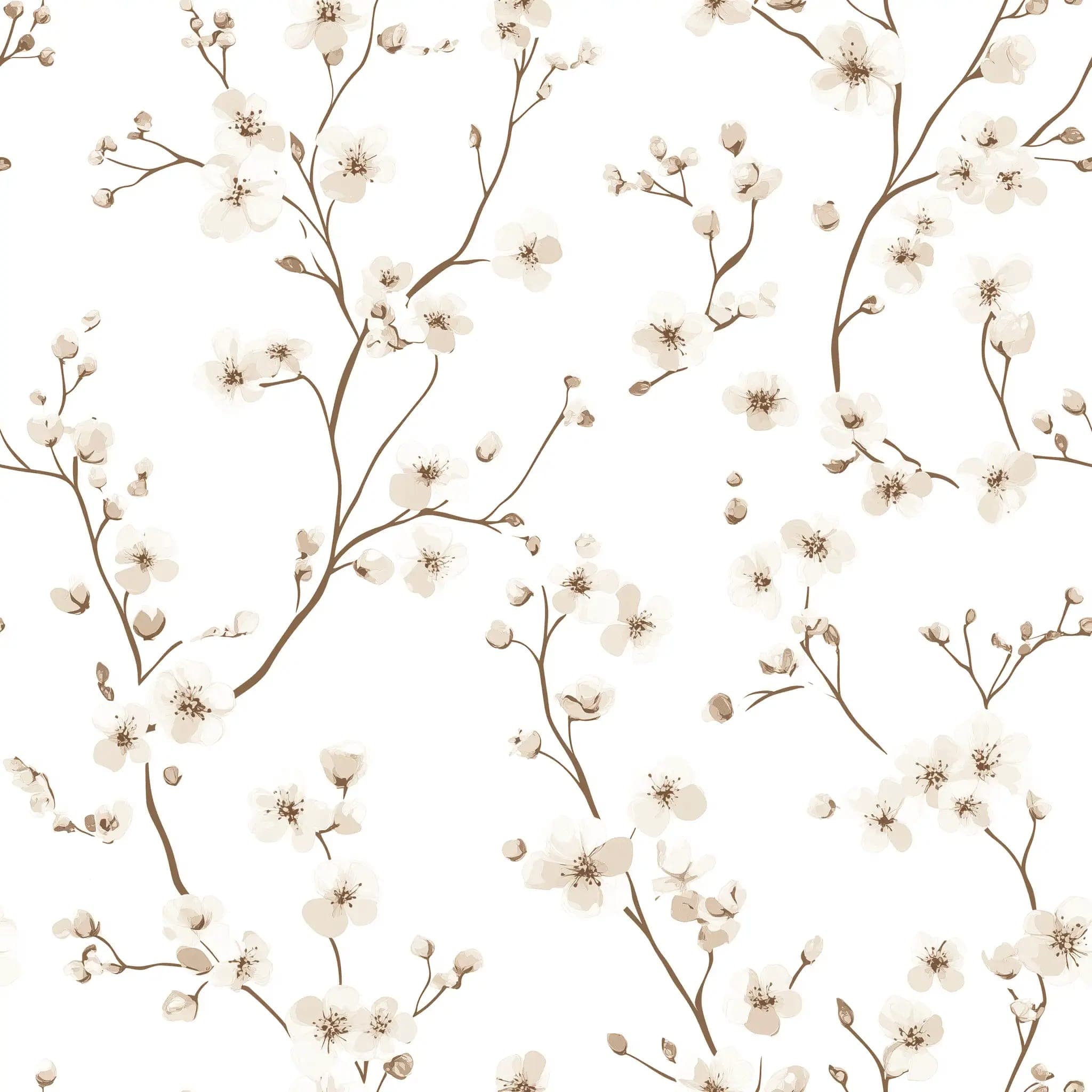 Licht Beige Bloesem Behang met Fijne Takken