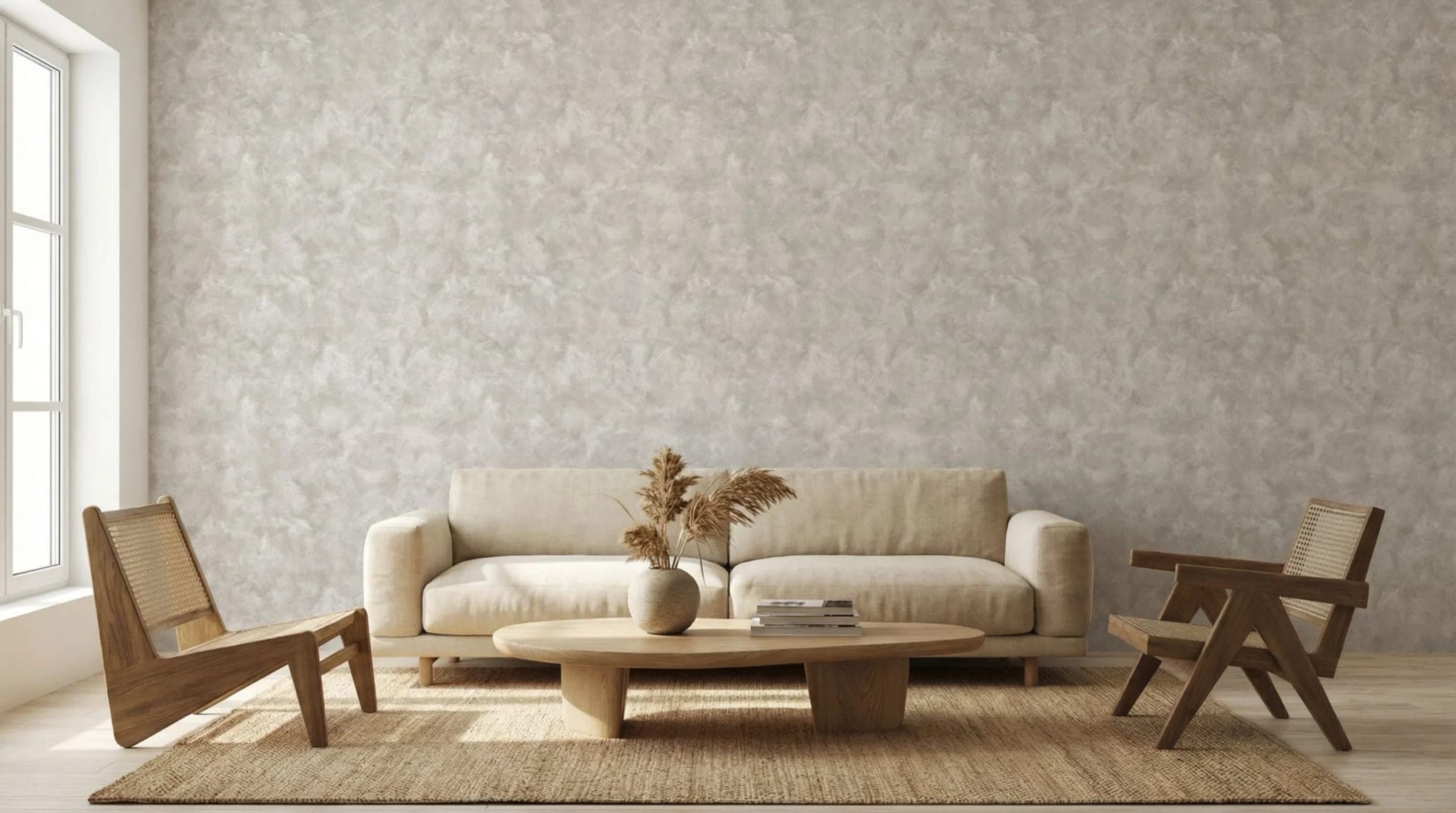 licht taupe betonlook wolkachtige diepte behang in beige — naadloos op maat geprint