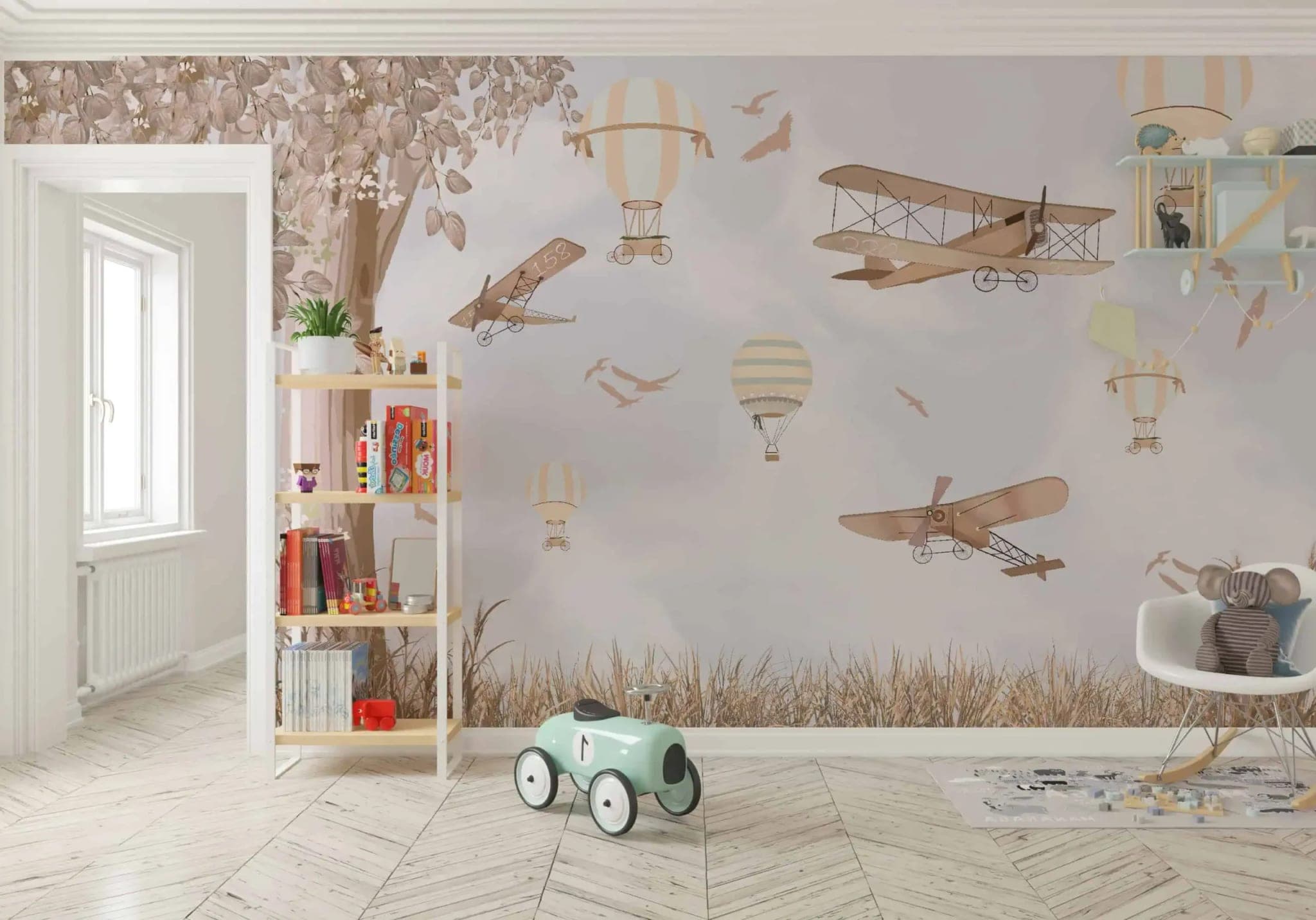 luchtballonnen en vintage vliegtuigen zachte beige tinten behang op maat