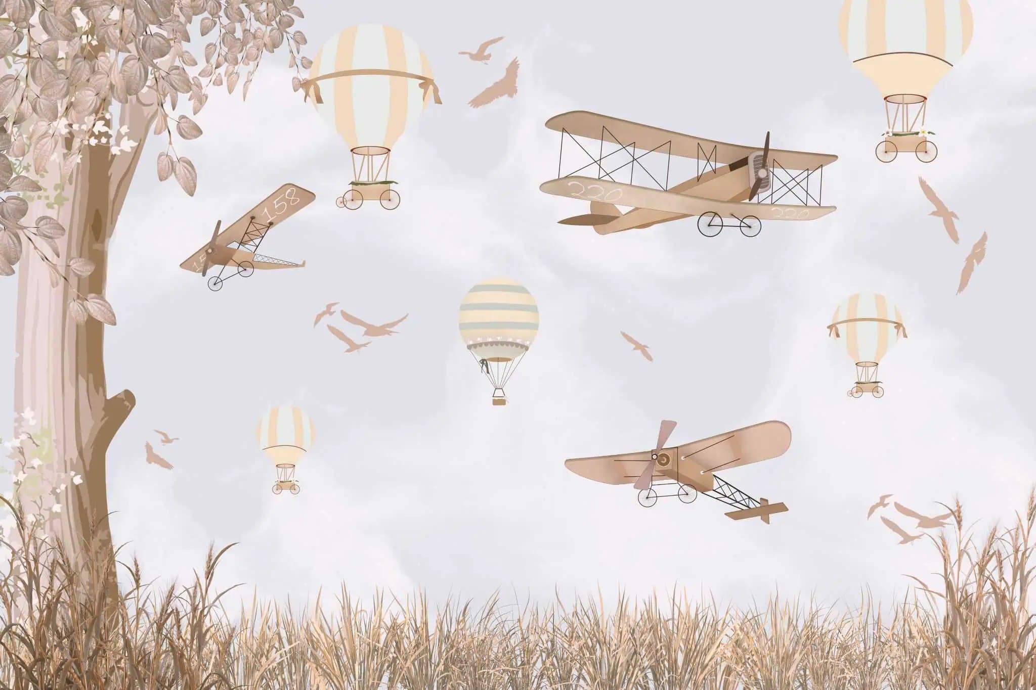 Fotobehang Luchtballonnen en Vintage Vliegtuigen in Zachte Beige Tinten