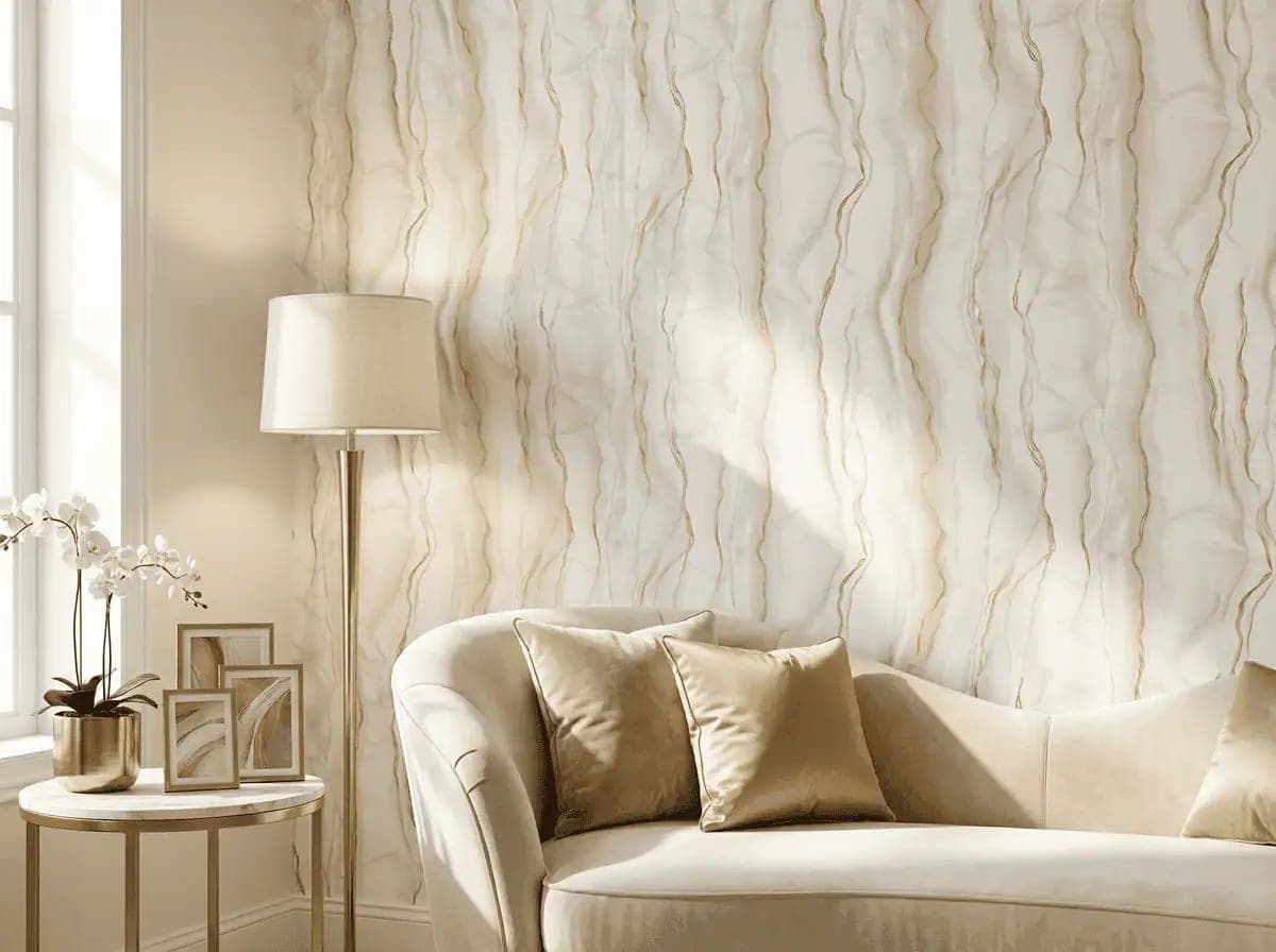 luxe marmerlook crème gouden aders behang in beige — naadloos op maat geprint
