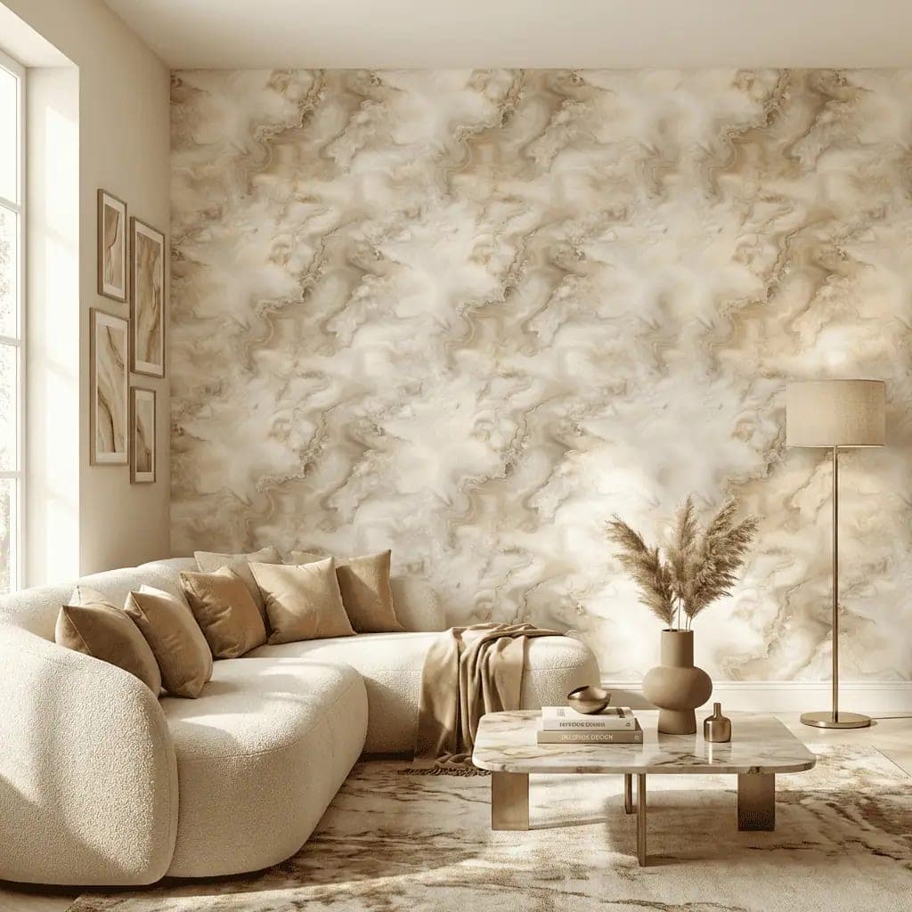 marmerlook warme beige en crème wolken behang op maat