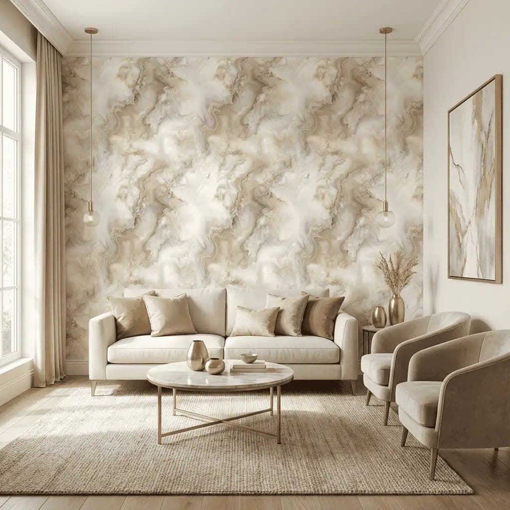 naadloos marmerlook warme beige en crème wolken behang op maat