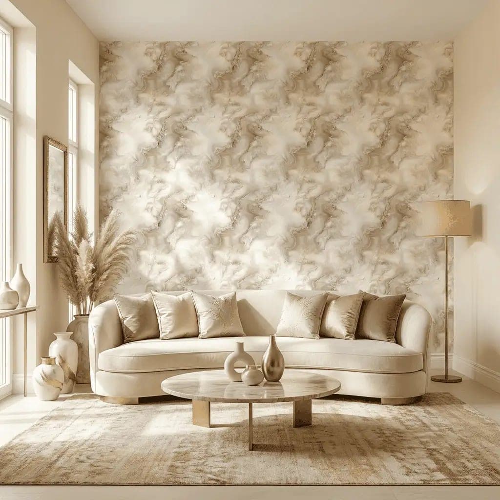 marmerlook warme beige en crème wolken behang — naadloos op maat geprint