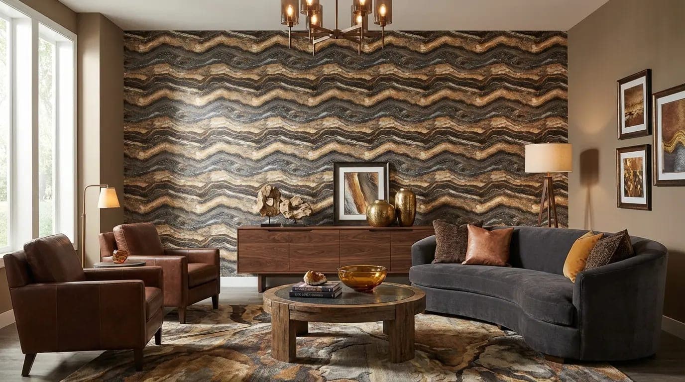 gelaagde marmerlook zwart, goud en grijs behang op maat