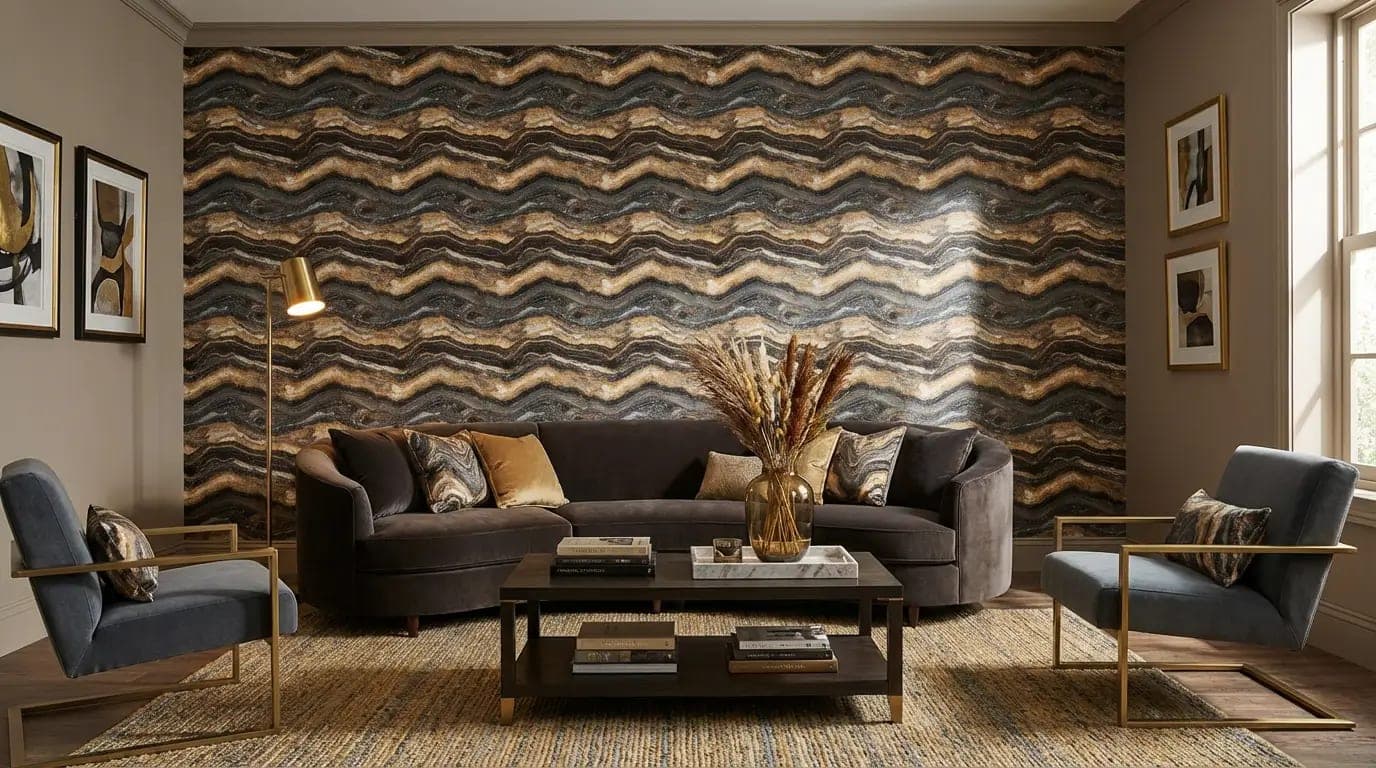gelaagde marmerlook zwart, goud en grijs behang
