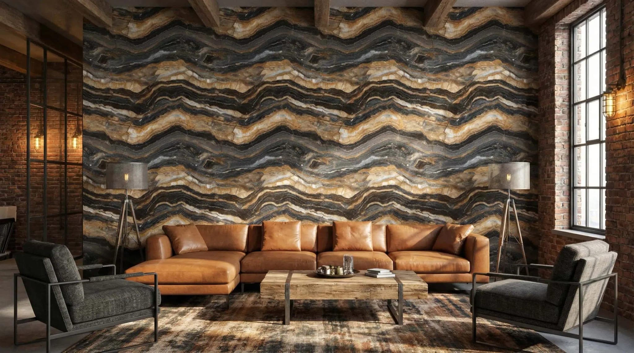 zwart goud marmerlook en gelaagde strepen behang op maat