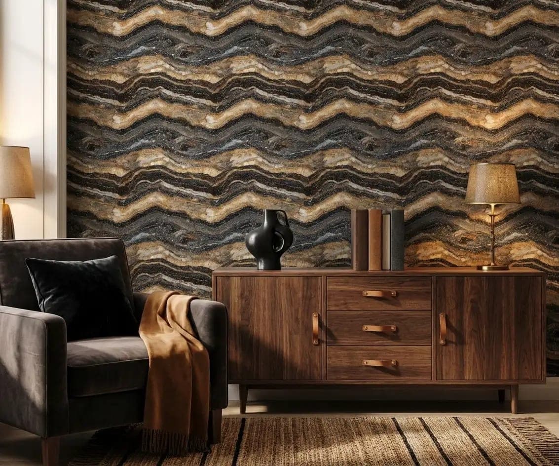 zwart goud marmerlook en gelaagde strepen behang