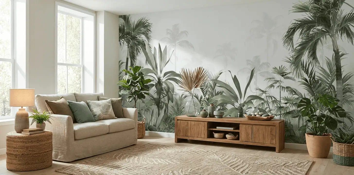 mistige jungle palmen zacht groen behang