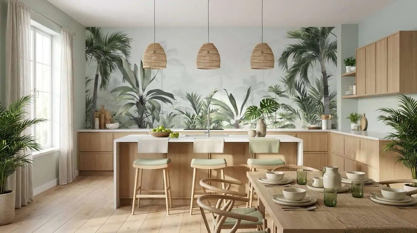 mistige jungle palmen zacht groen behang op maat
