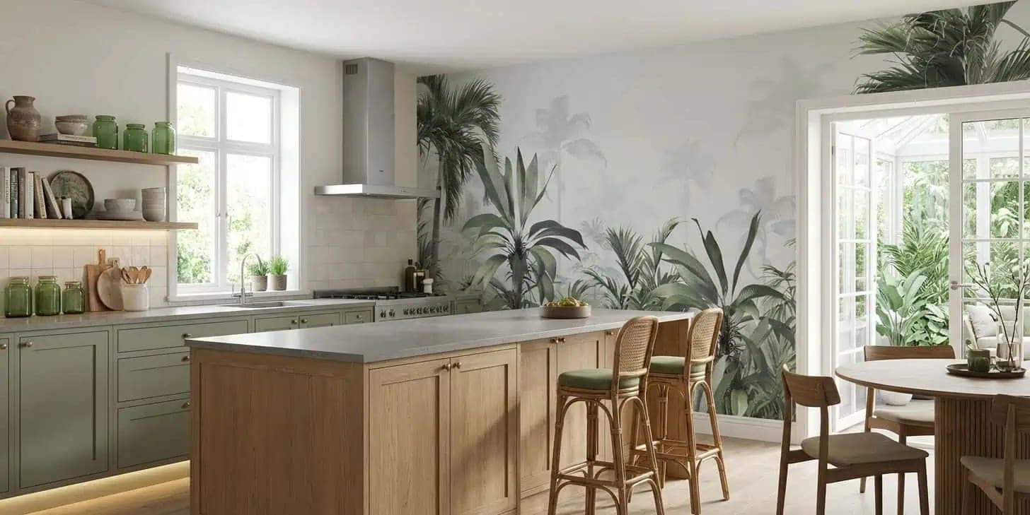 mistige jungle palmen zacht groen behang — naadloos op maat geprint