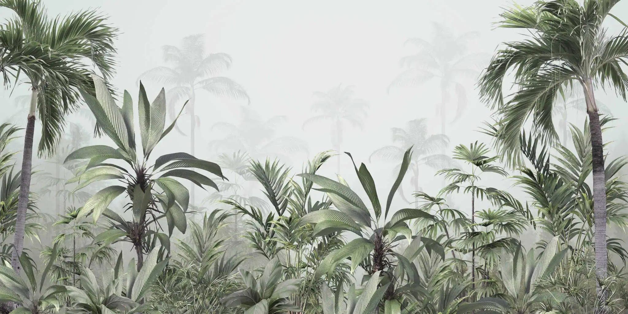 Fotobehang Mistige Jungle met Palmen in Zacht Groen