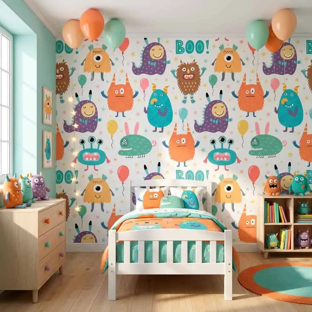 vrolijke monsters en ballonnen pastelkleuren behang — naadloos op maat geprint