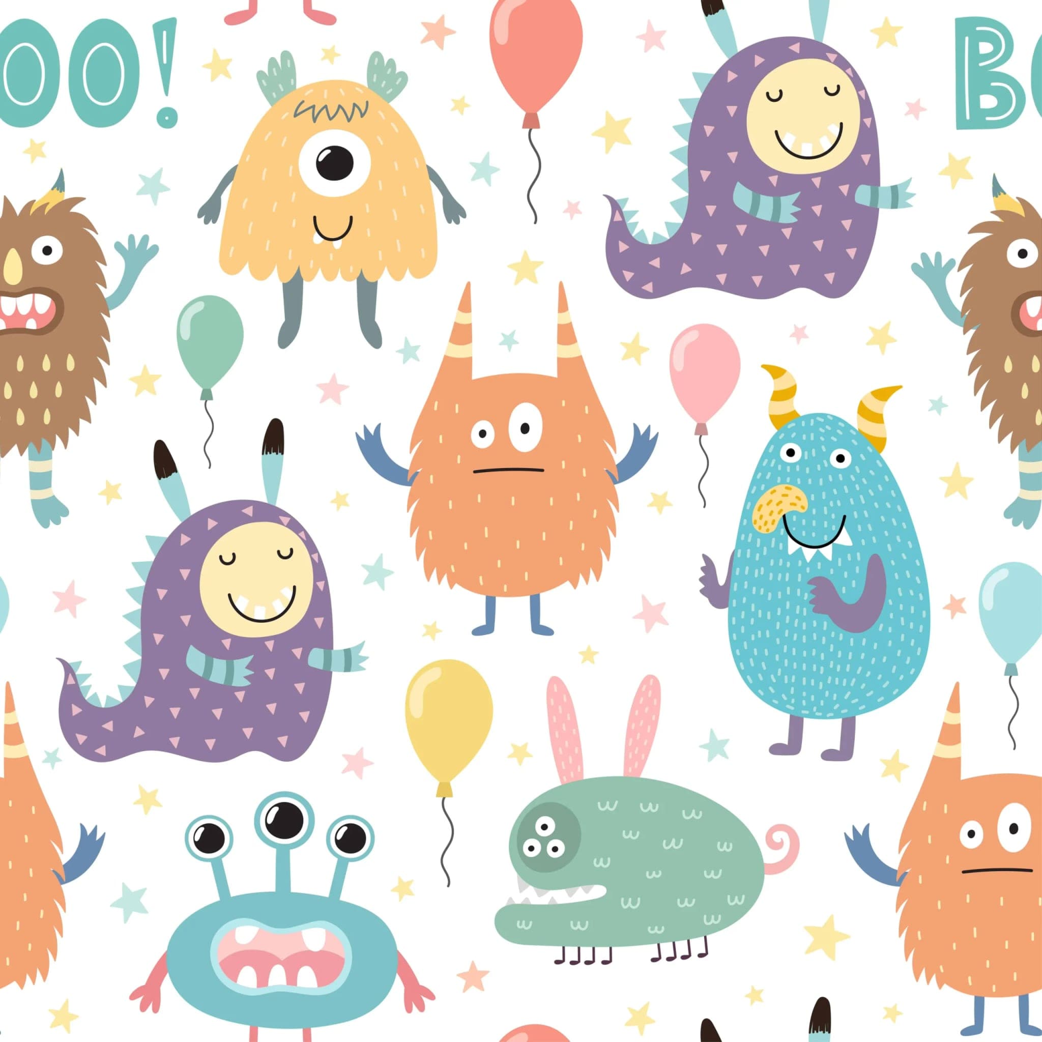Behang met Vrolijke Monsters en Ballonnen in Pastelkleuren