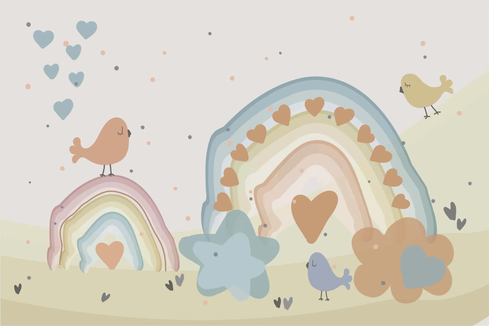 Pastel Regenboog Kinderkamer Fotobehang met Vogeltjes en Hartjes