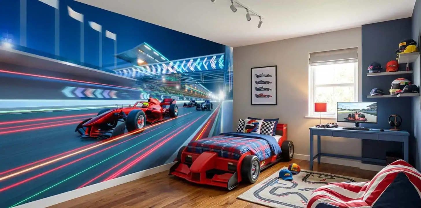 naadloos snelheidsrace op circuit bij nacht behang op maat