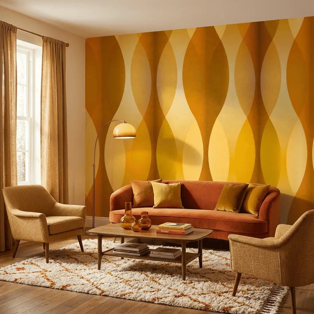 retro geometrisch mosterdgeel en oker behang op maat in terracotta