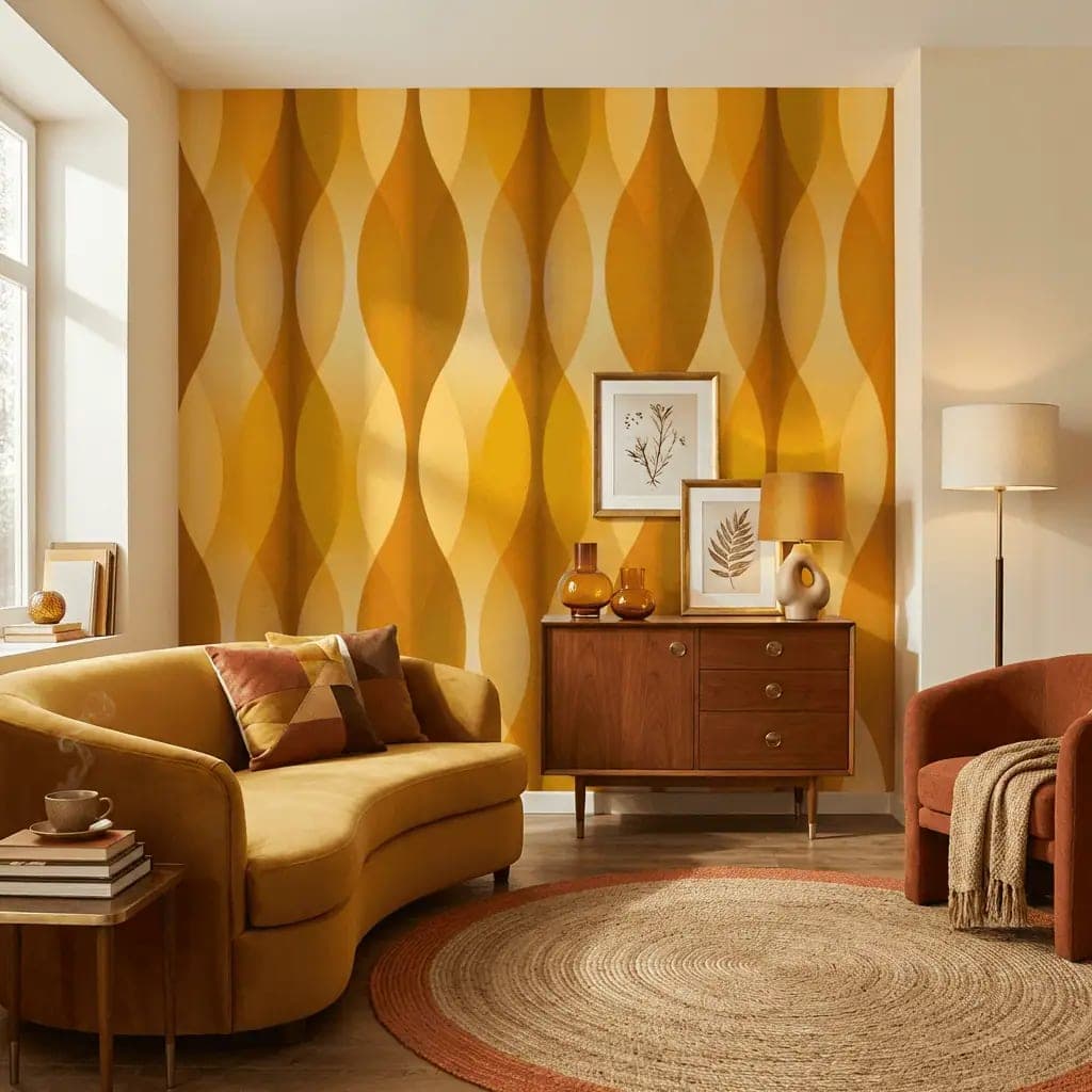 naadloos retro geometrisch mosterdgeel en oker behang op maat