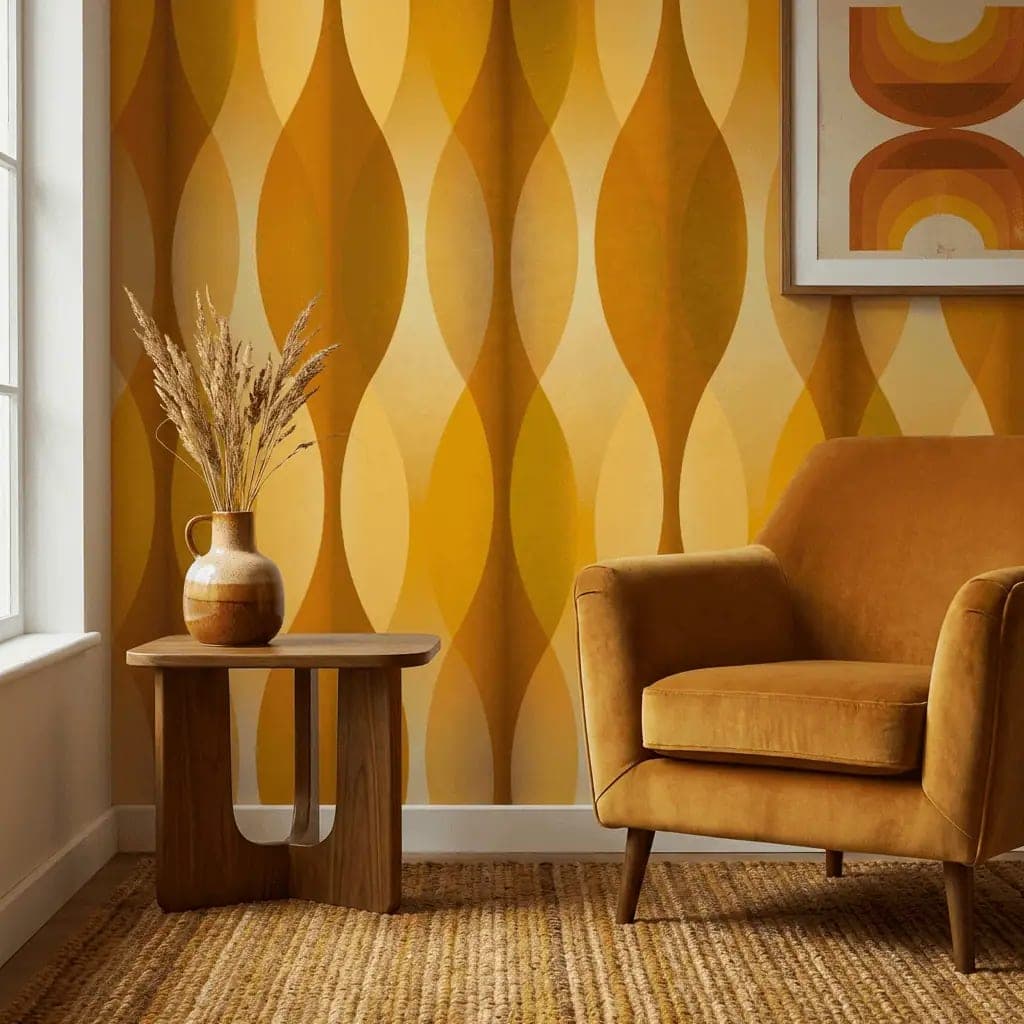 retro geometrisch mosterdgeel en oker behang in terracotta — naadloos op maat geprint