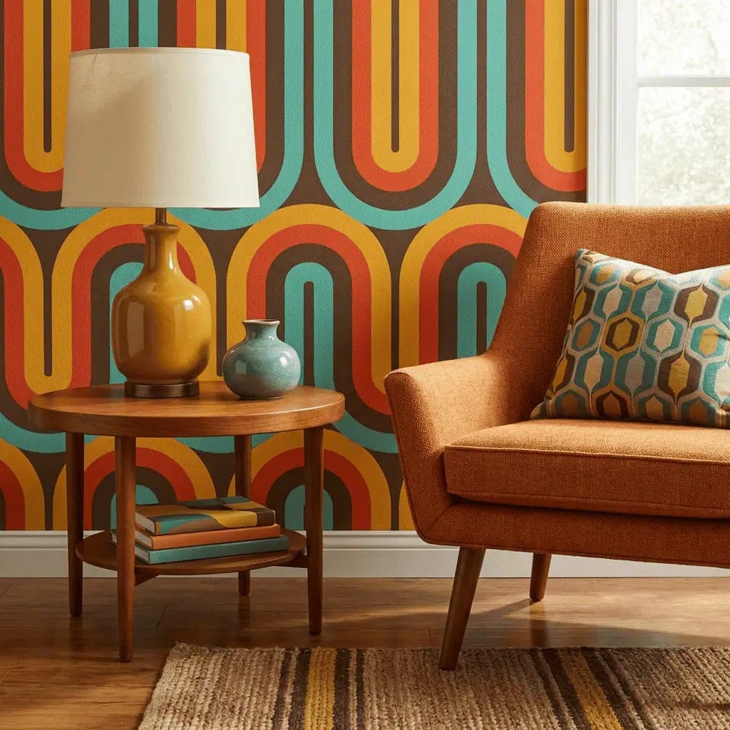 naadloos retro geometrisch oker, turquoise en roest behang op maat