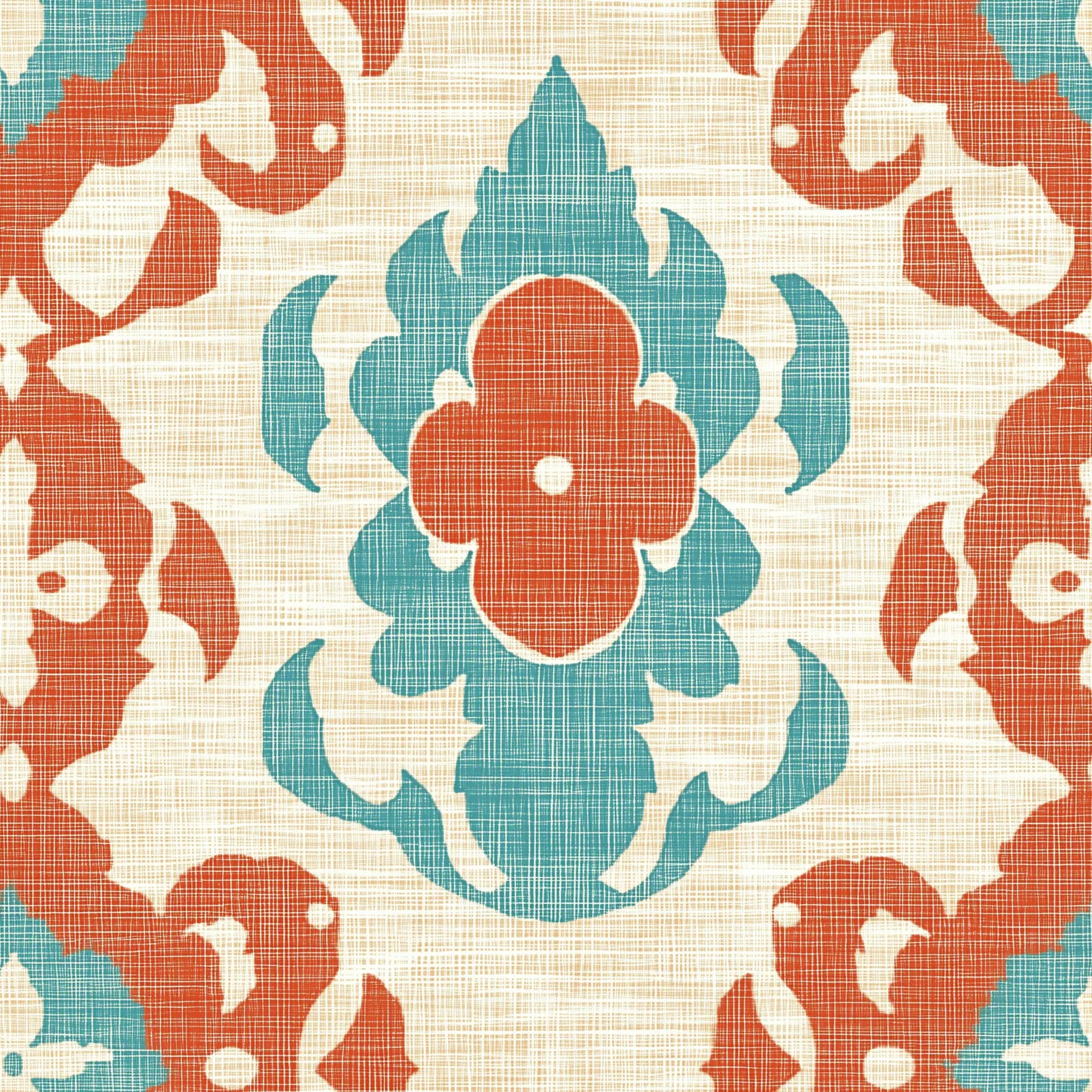 Retro Ornament Behang in Terracotta en Turquoise