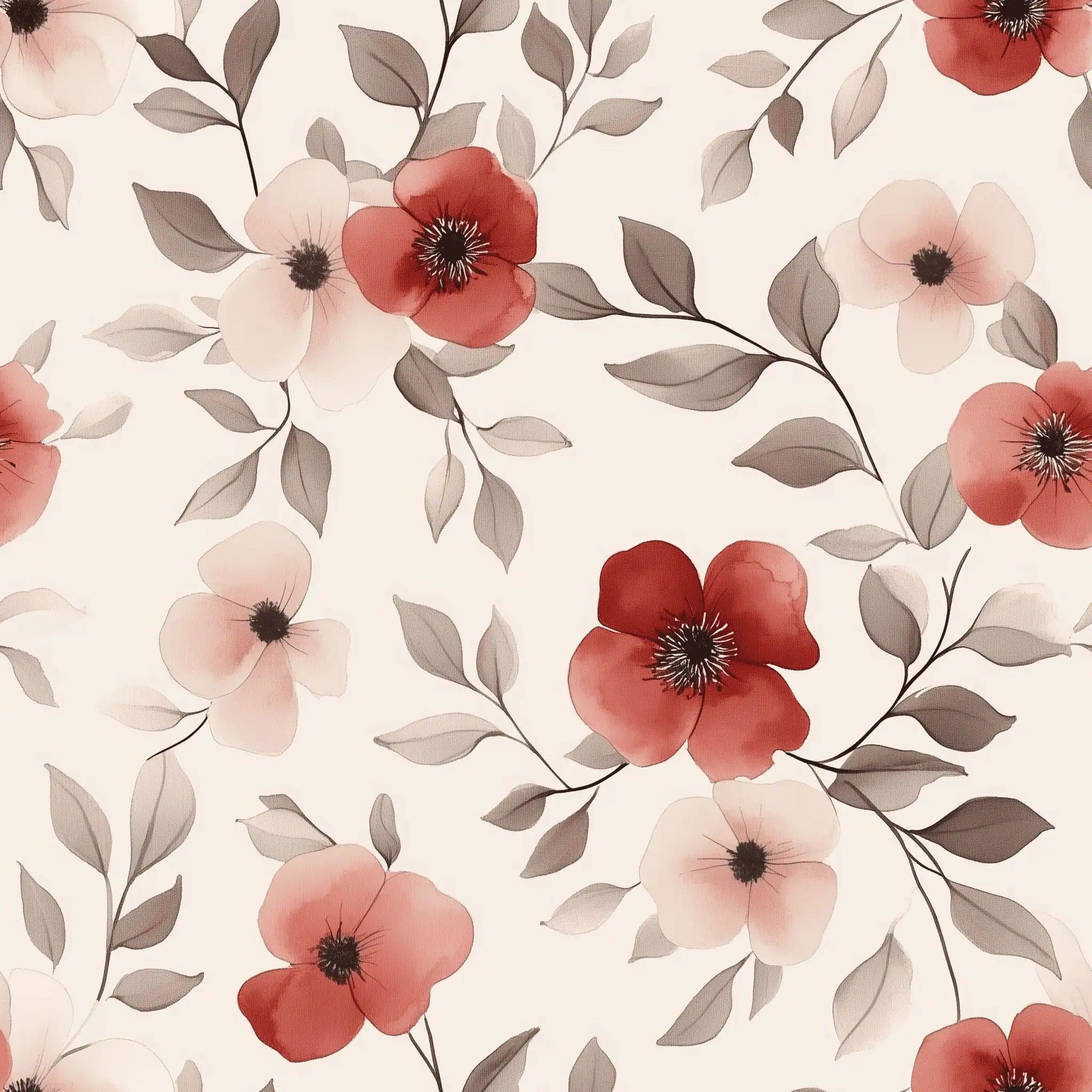 Bloemen Behang met Zachte Rode Accenten in Aquarelstijl