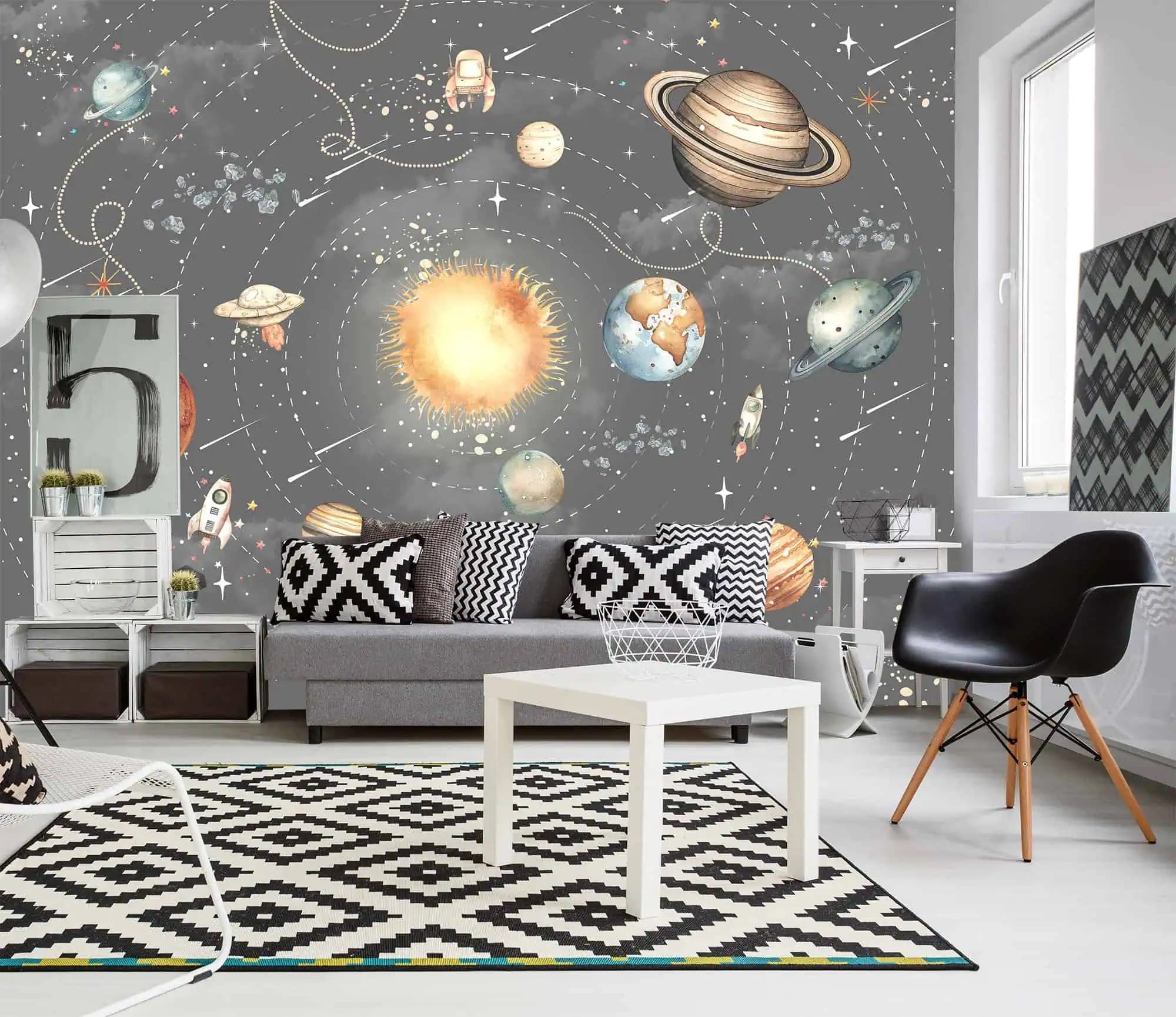 ruimte planeten en zon illustratieve stijl behang op maat in grijs