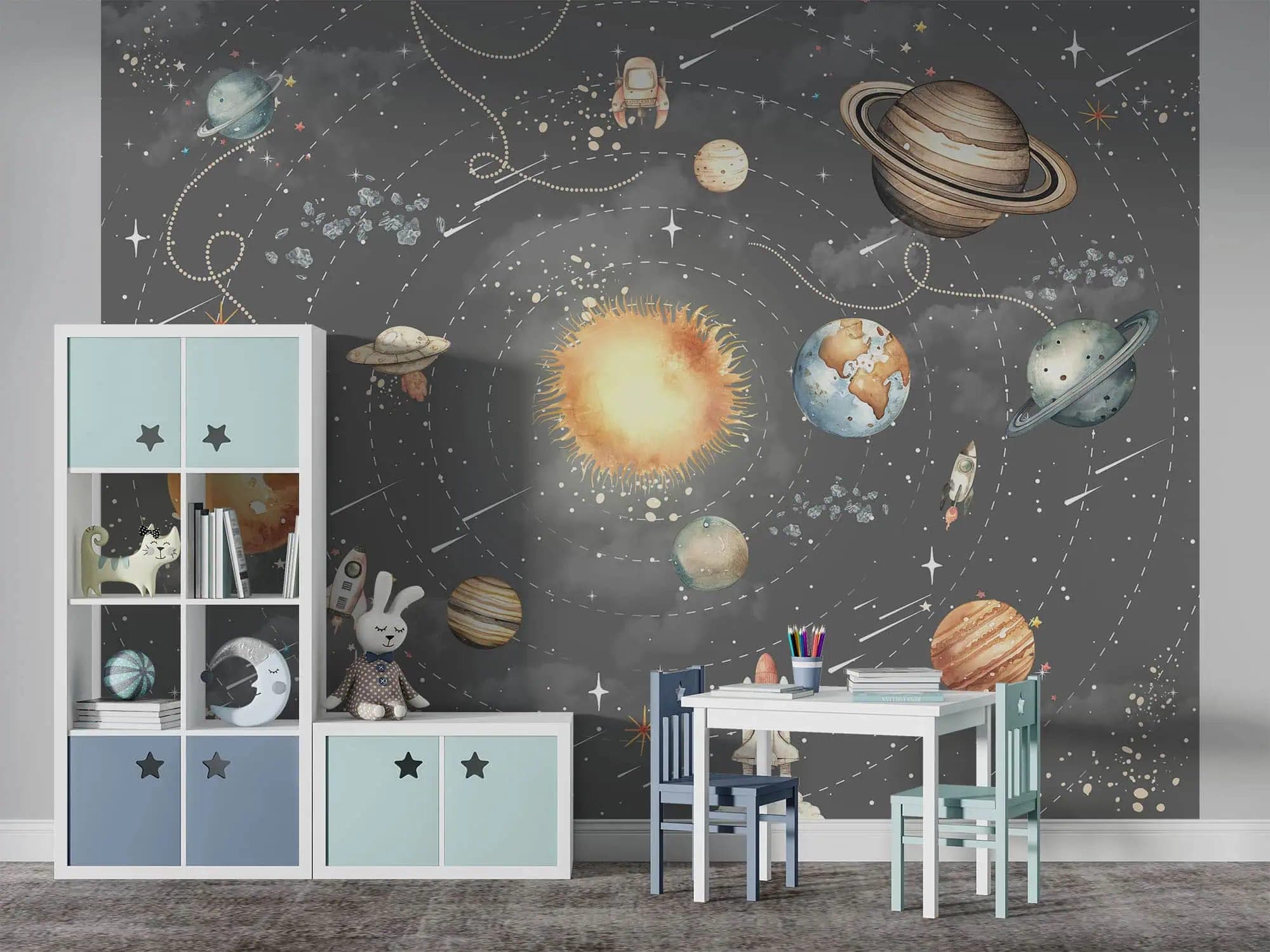 naadloos ruimte planeten en zon illustratieve stijl behang op maat
