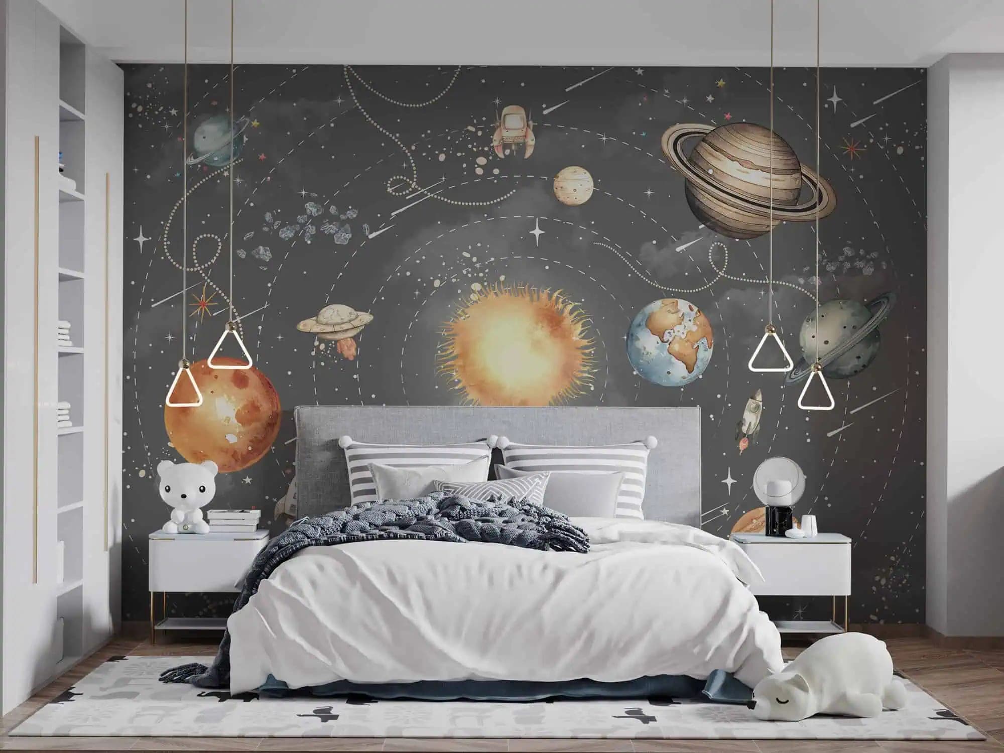 ruimte planeten en zon illustratieve stijl behang in grijs — naadloos op maat geprint