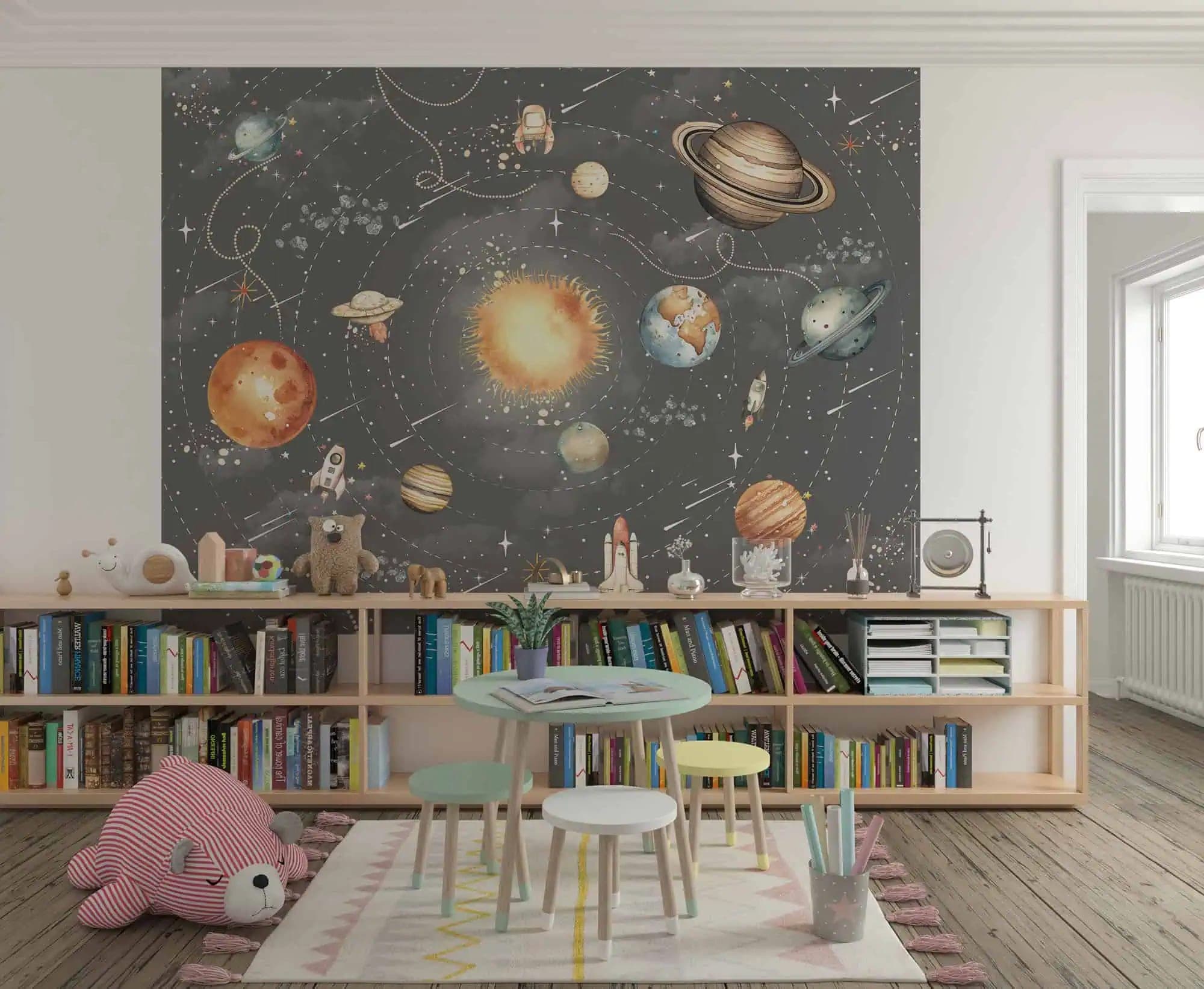 ruimte planeten en zon illustratieve stijl behang in grijs