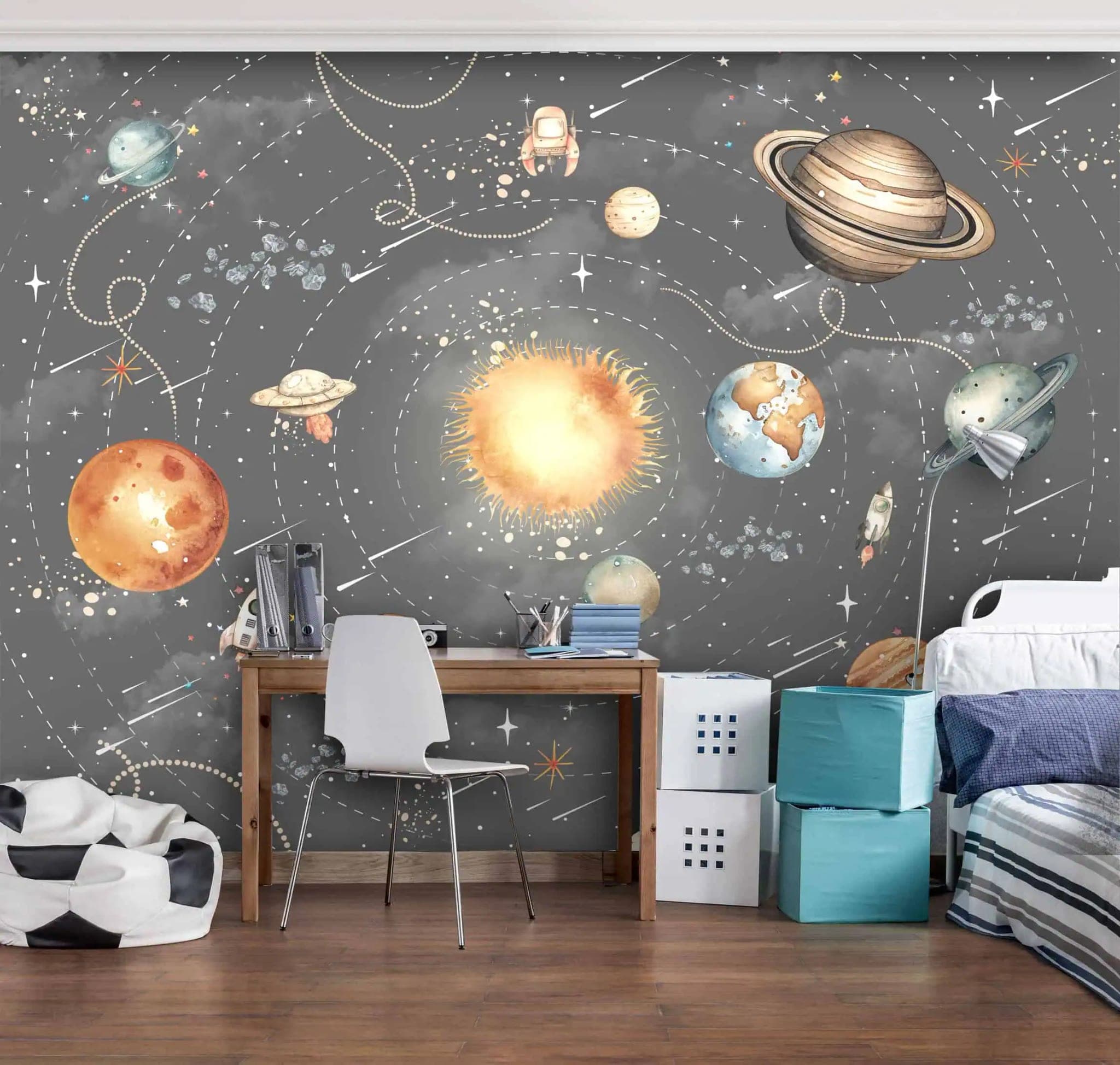 ruimte planeten en zon illustratieve stijl behang op maat in grijs
