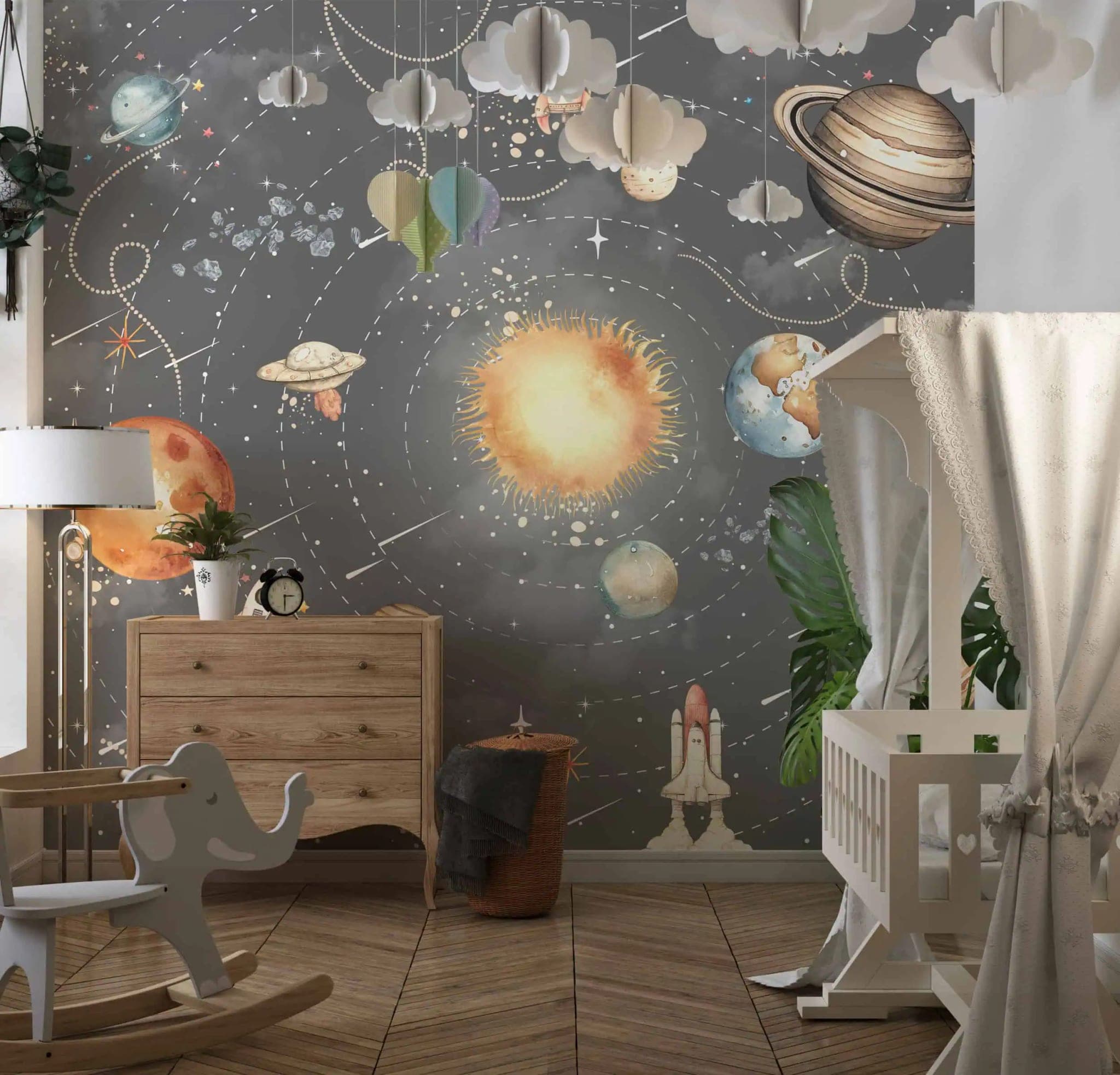 naadloos ruimte planeten en zon illustratieve stijl behang op maat