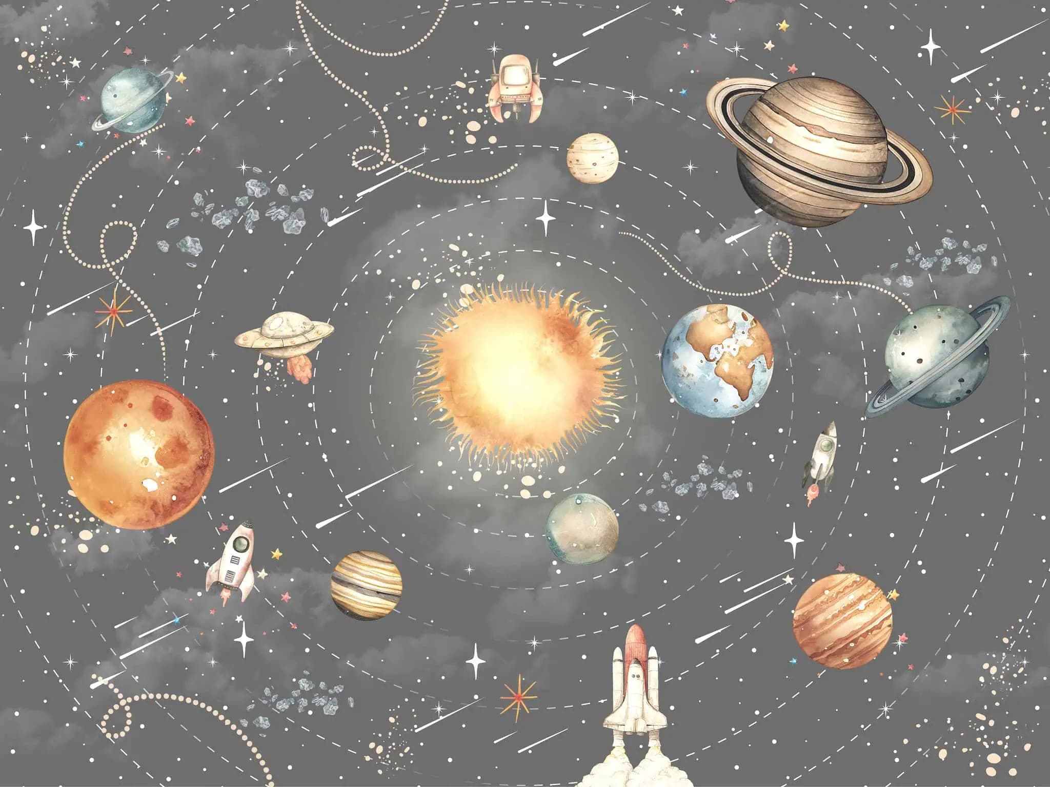 Fotobehang Ruimte Planeten en Zon in Illustratieve Stijl