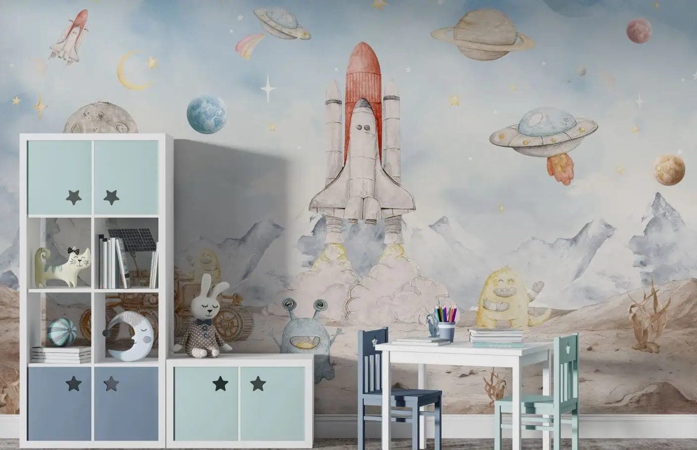 ruimte avontuur raket, planeten en vrolijke aliens behang op maat in blauw